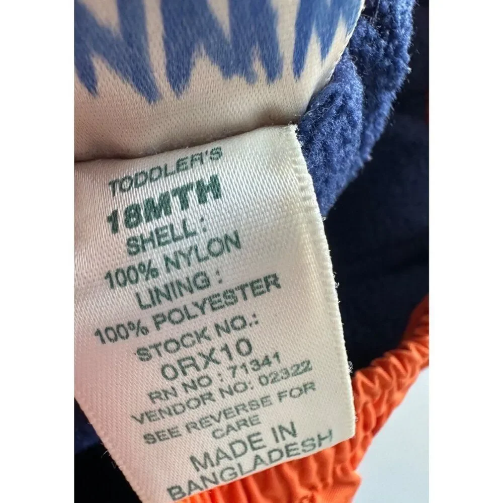 L.L. Bean Baby 18 Month Fleece Insulated Orange Nylon Snowpant Pull On
